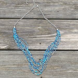 Blue multi strand beaded bib necklace silver tone chain